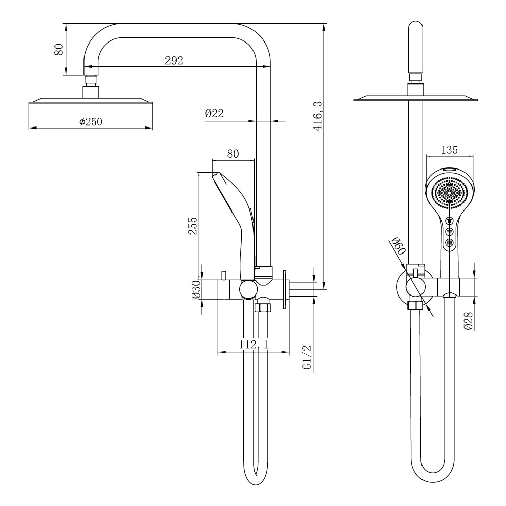 250mm Head & 5F H/S Twin Shower - 3 Packs Brushed Gold