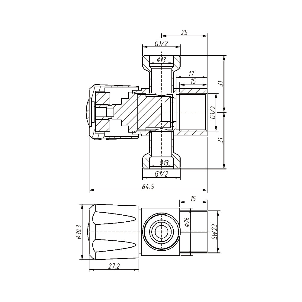 DN15 15x15x15mm 1/4 Turn C/D Three Way Stop Tap With Cover Plate Gun Metal