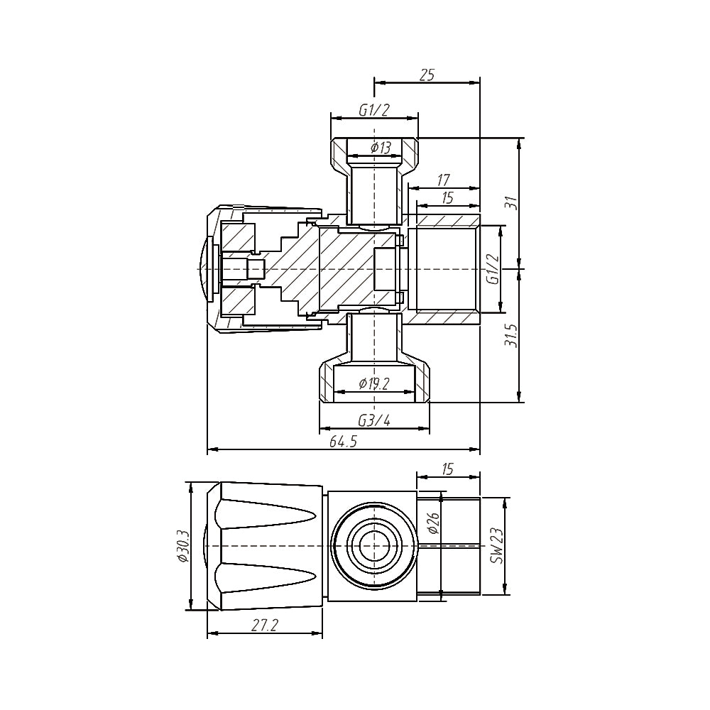 DN15 15x15x20mm 1/4 Turn C/D Three Way Stop Tap Brushed Stainless Steel